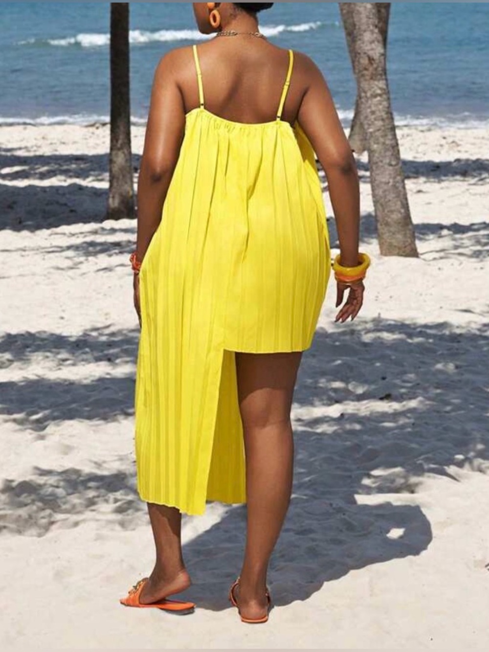SHEIN Bright Yellow Asymmetrical Pleated Spaghetti Strap Dress